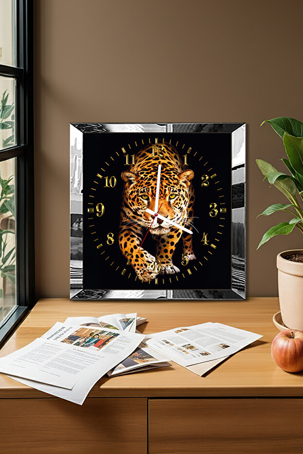 Silver Framed Leopard Themed Decorative Mdf Wall Clock