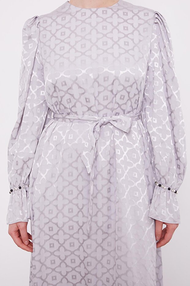 Gri Yonca Desen Elbise - 5