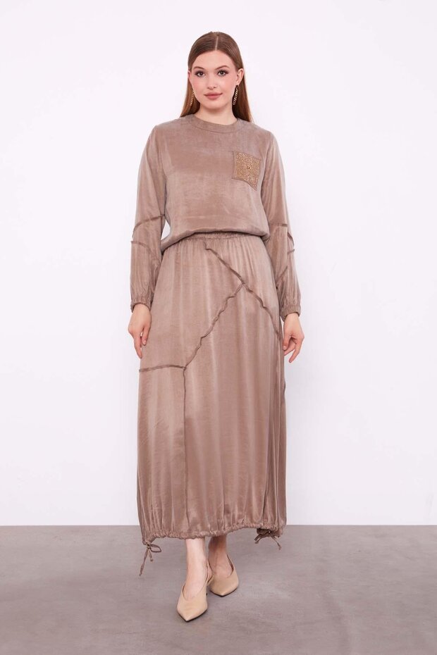 Oil Green Asymmetrical Ruffle Detailed Cupra Skirt Set