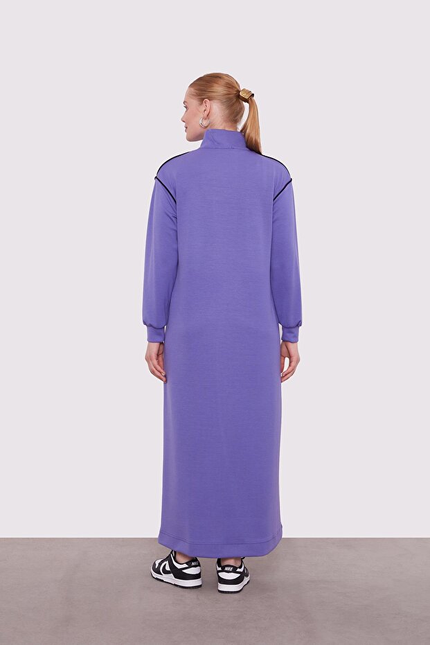 Mor Çizgi Cep Detaylı Elbise - 6