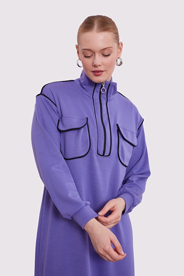 Mor Çizgi Cep Detaylı Elbise - 4