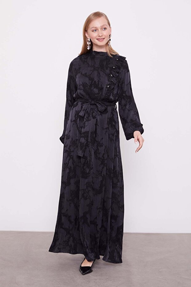 Black Ruffle Detailed Cupra Dress