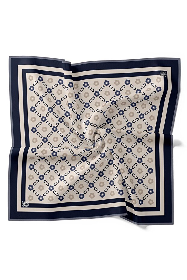Beige Daisy Pattern Twill Silk Scarf - 4