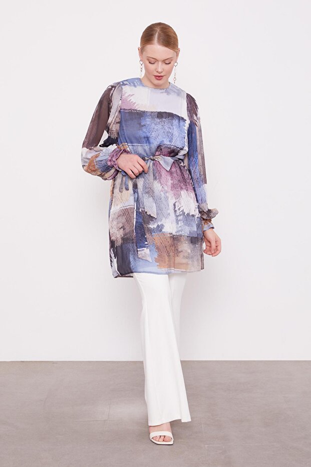 Indigo Mixed Brush Pattern Chiffon Tunic - 2