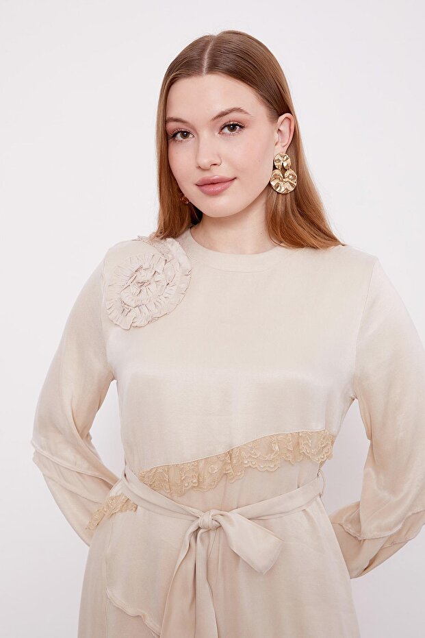 AÇIK BEJ Dantel Şeritli Cupra Elbise - 4