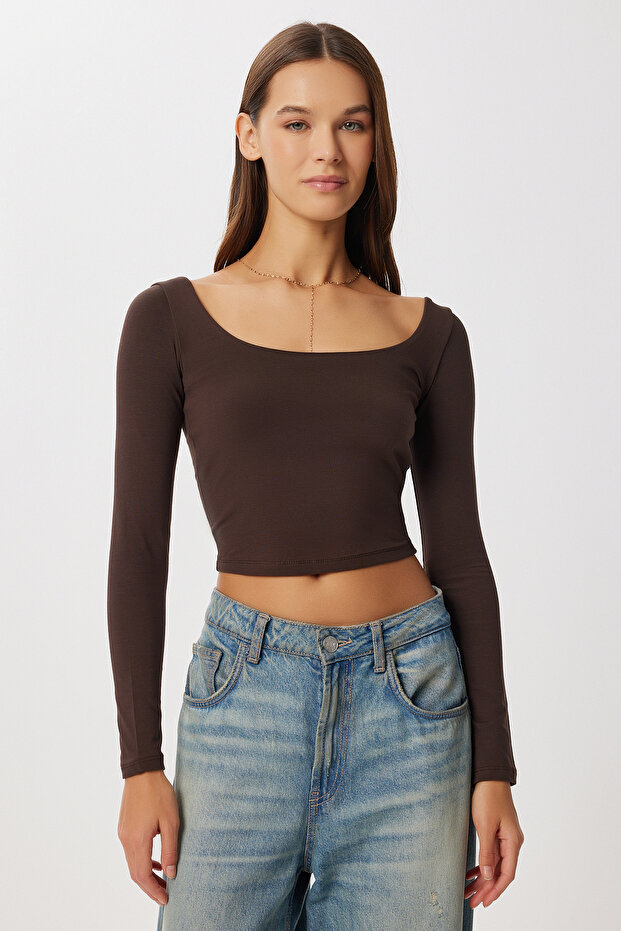 Basic Crop Örme Bluz LUB0255 ACI KAHVE - 2