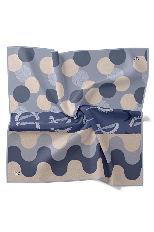 Blue Round Pattern Twill Silk Scarf - 4