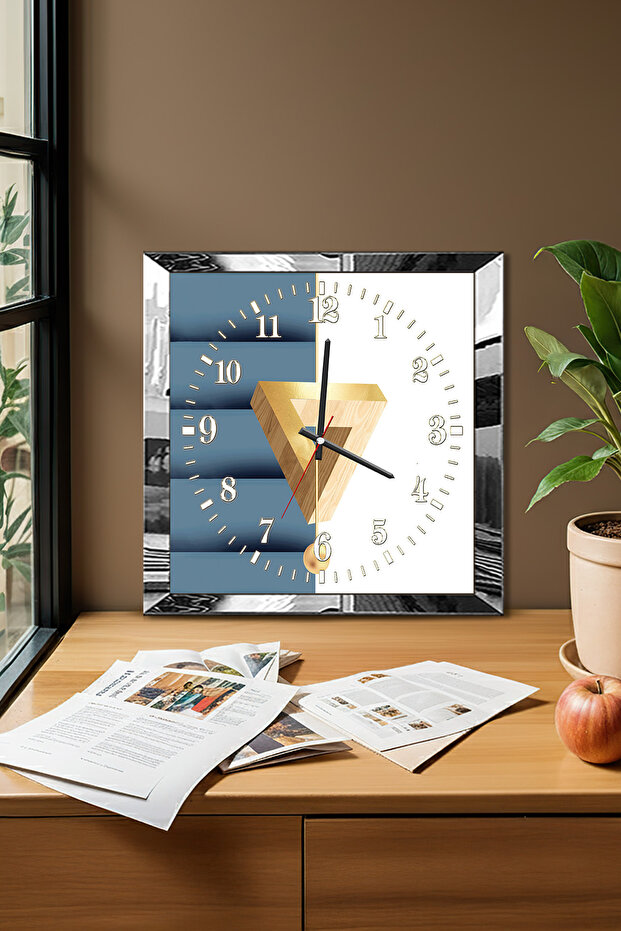 Silver Framed Geometric Time Themed Decorative Mdf Wall Clock