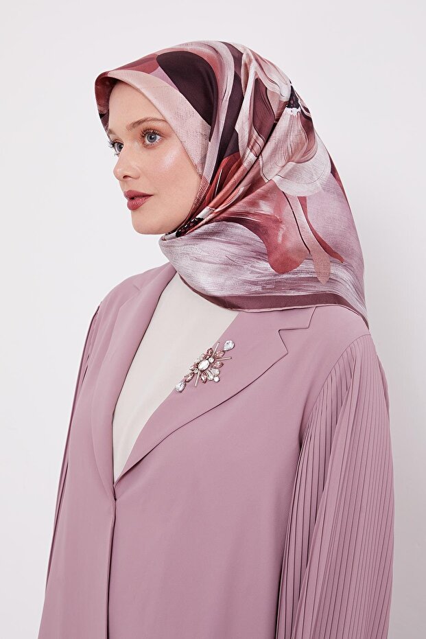 Rose Violet Pattern Twill Silk Scarf - 1
