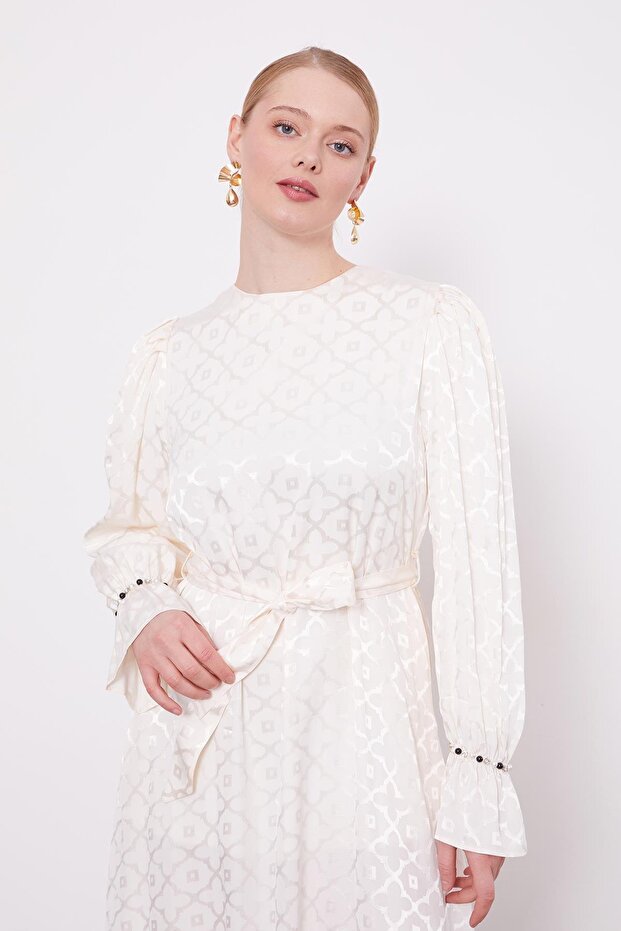 Ekru Yonca Desen Elbise - 3