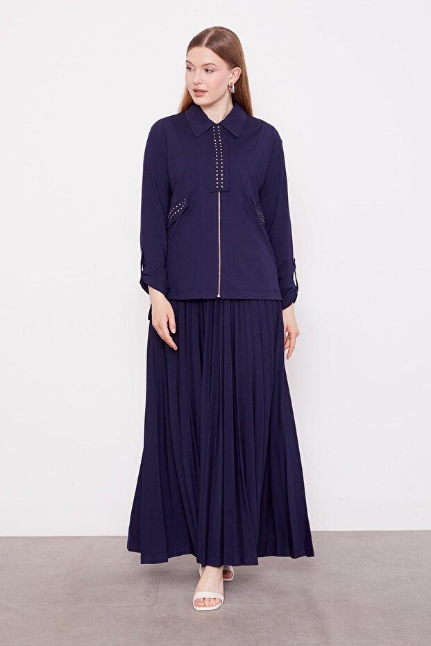Navy Blue Stone Collar Detail Pleated Skirt Set