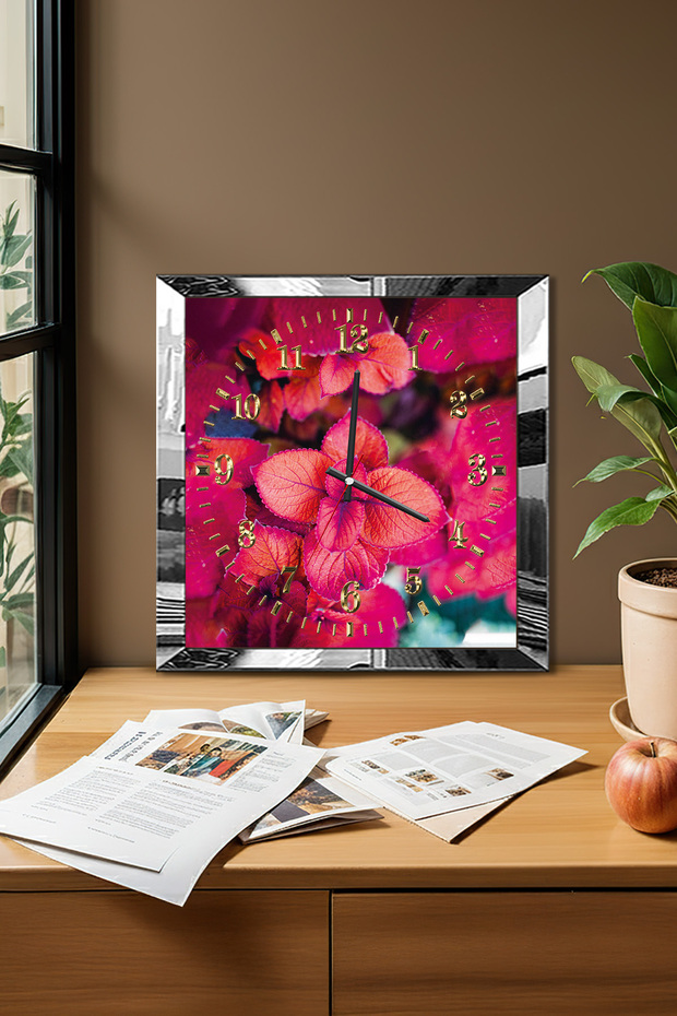 Silver Framed Red Flower Themed Decorative Mdf Wall Clock