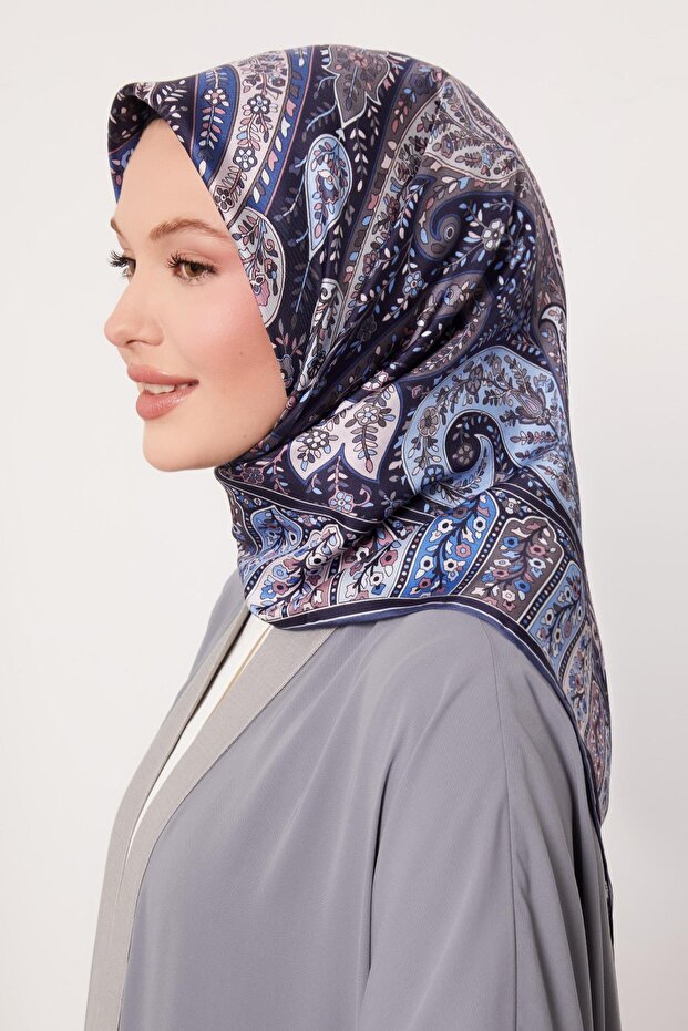 Navy Blue Mixed Indian Pattern Twill Silk Scarf