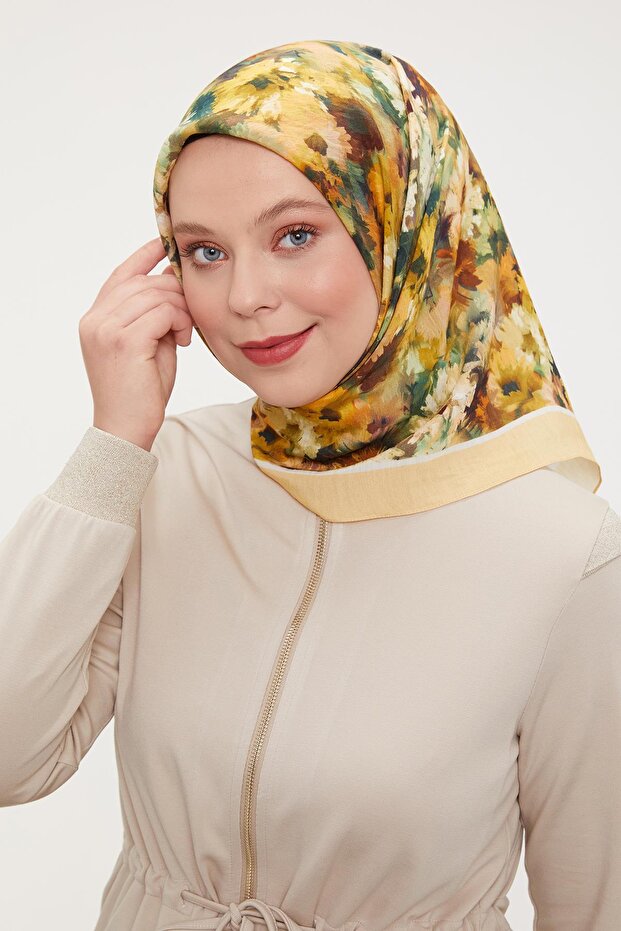 Hardal Ebruli Desen Modal İpek Eşarp - 1