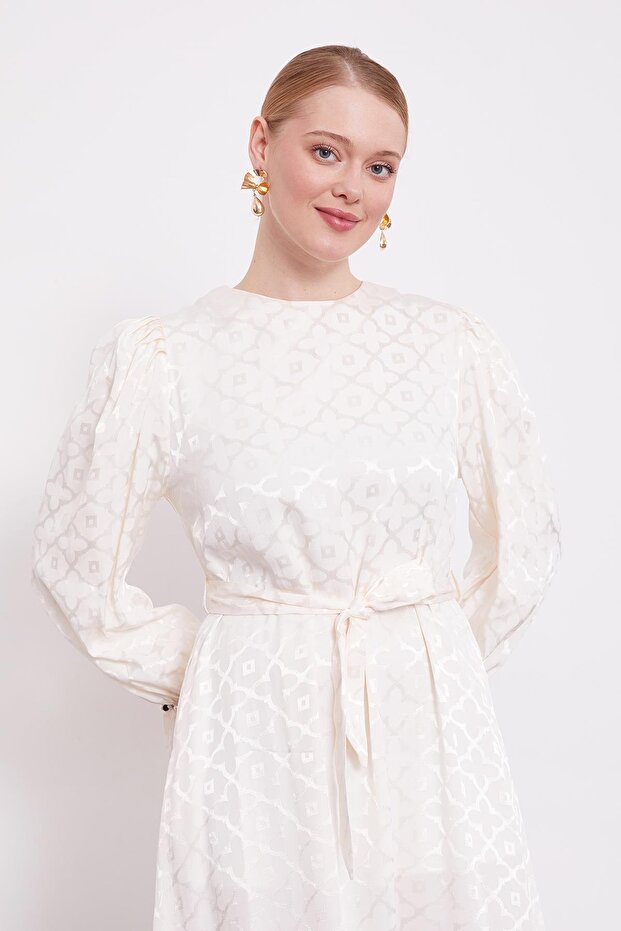 Ekru Yonca Desen Elbise - 4