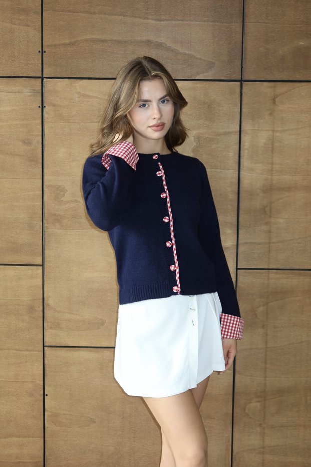Woven Garnished Soft Textured Knitwear Cardigan Aw25Hi0042