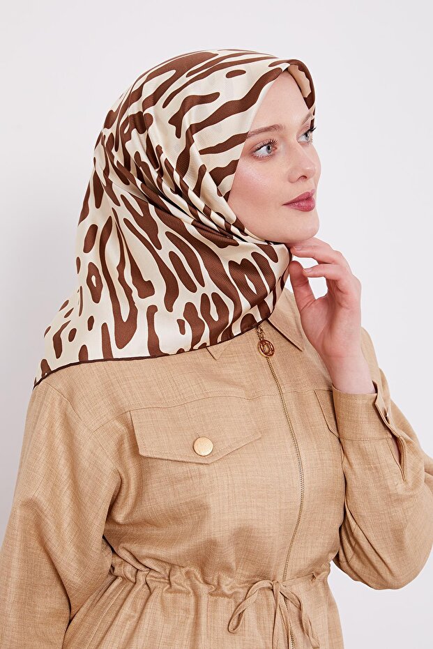 Kahve Leopar Desen Twill İpek Eşarp - 2