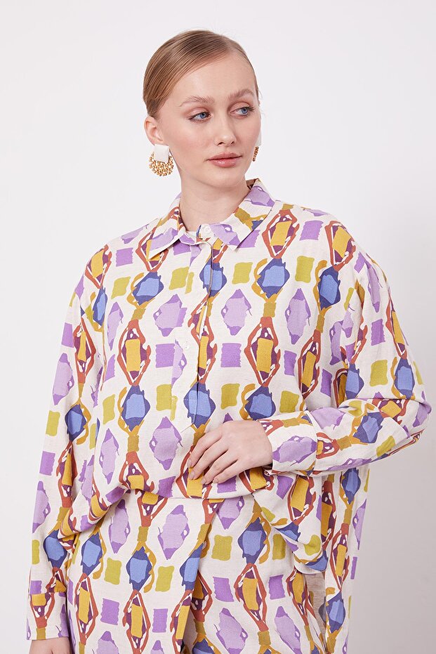 Purple Geometric Patterned Tunic Set - 5