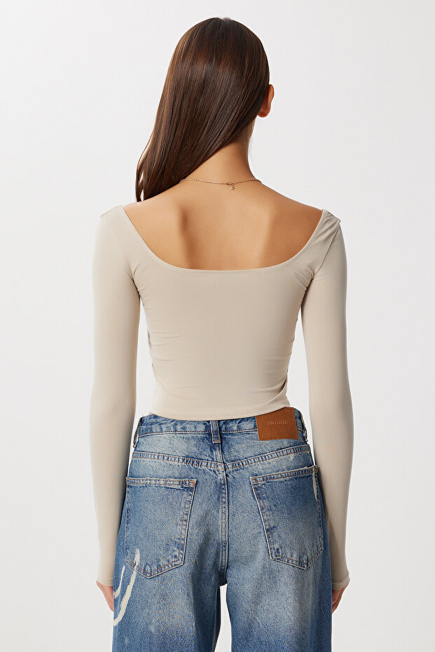 Basic Crop Örme Bluz LUB0255 BEJ - 4