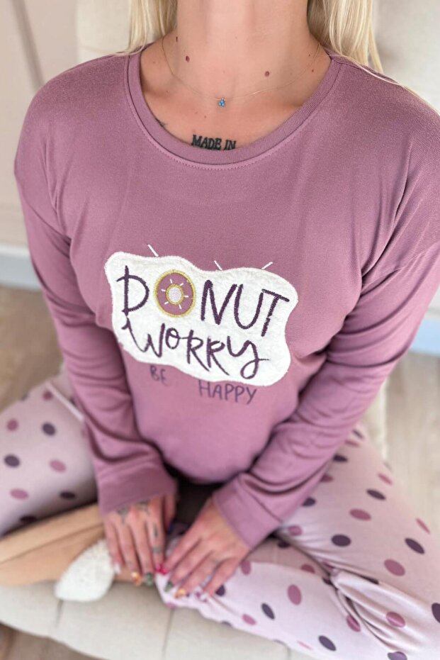 Pembe Donut Worry Desenli Termal Kadın Pijama Takımı - 4