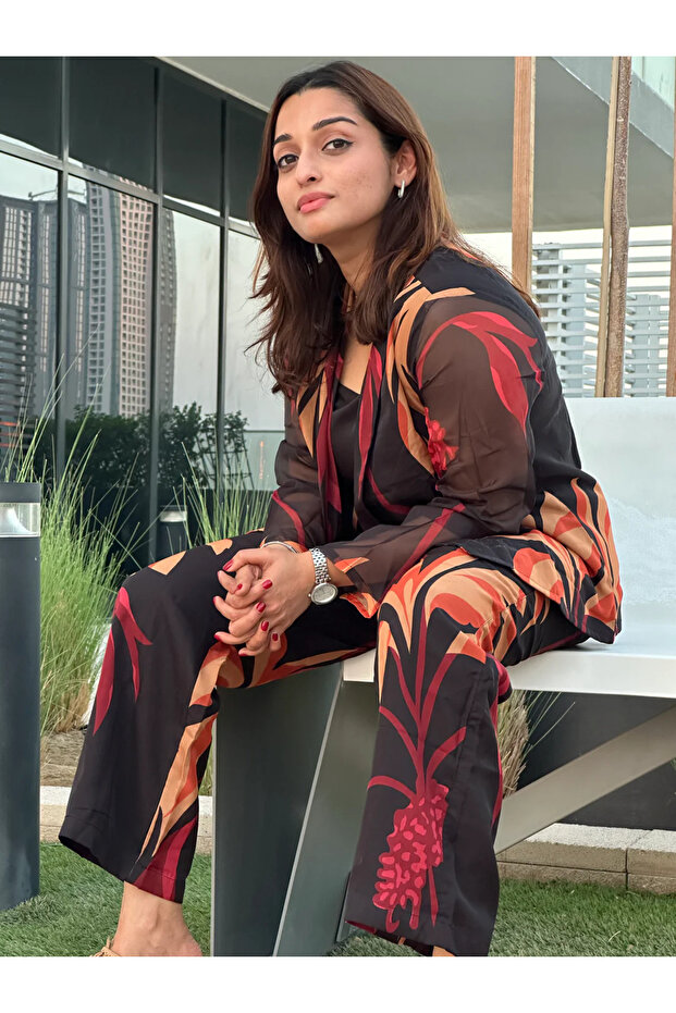 Charcoal Black Fiery Print Power Co-ord Set