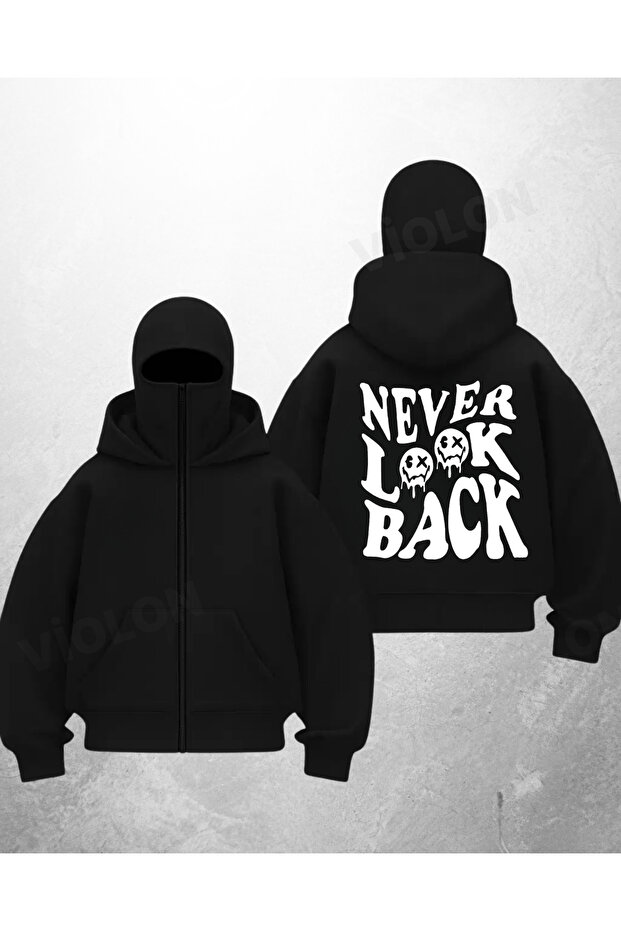سترة كارديجان سوداء مطبوعة من Never Lock Back بتصميم قناع الثلج الساموراي