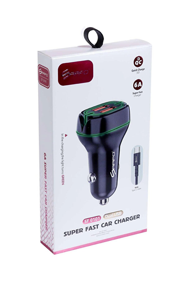 6A SUPER FAST CAR CHARGER WITH TYPE-C CABLE & DUAL USB SLOTS – SF0101
