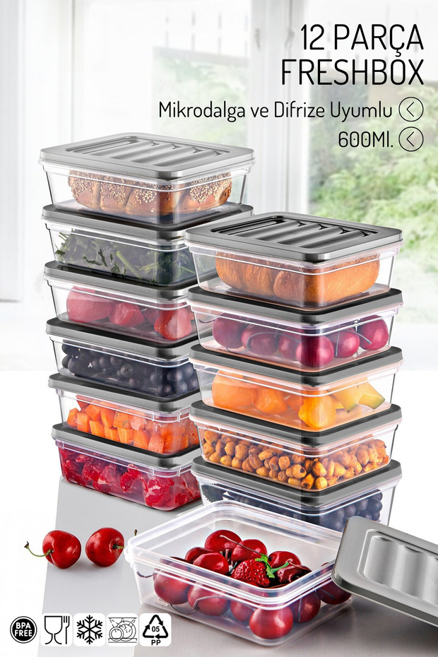 12 Pieces of 600 Ml. Freshbox Storage Container Set - Microwave and Dishwasher Compatible