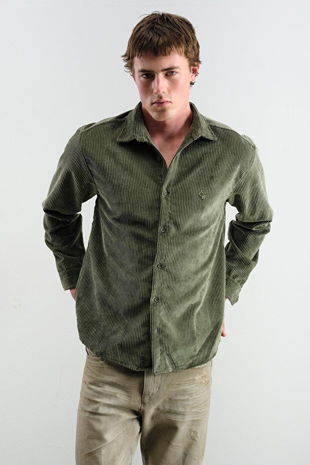 Men's Oversized Dressed-Up Velvet Khaki Shirt