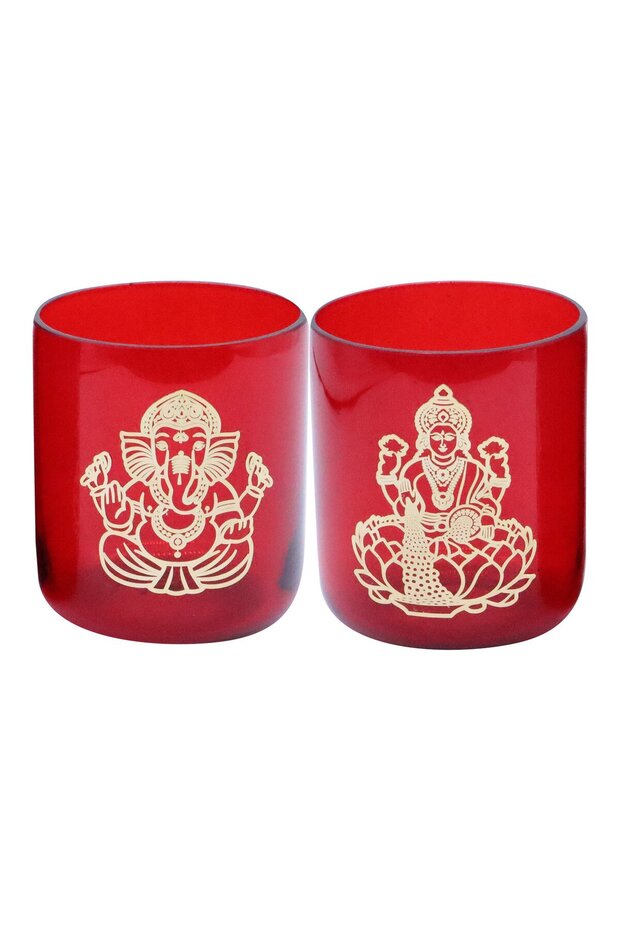 Maple Leaf Enzo Laxmi Ganesh Ji Glass Candle Holder 2pcs Set