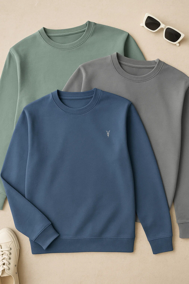 Erkek Uzun Kollu Basic Salaş 3 Lü Swetshirt - 1