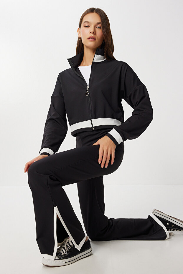 Contrast Stripe Ribbed Knitted Top and Bottom Set Lfw0010 Black