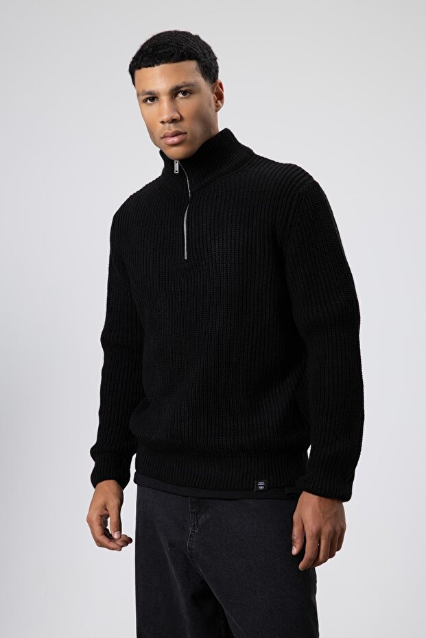 Fermuarlı Örme Triko Kazak Siyah - 3