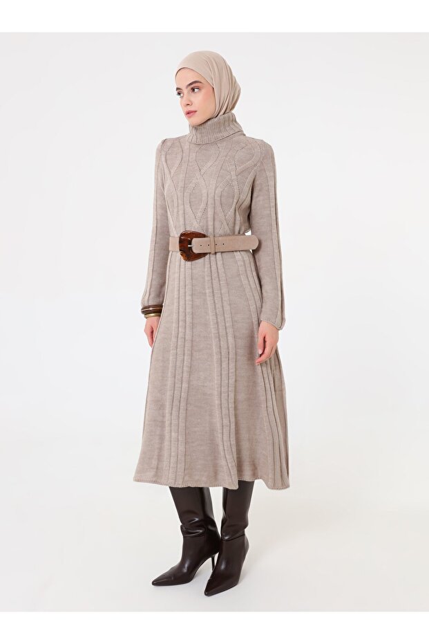 Knitted Detailed Knitwear Hijab Dress - Mink -