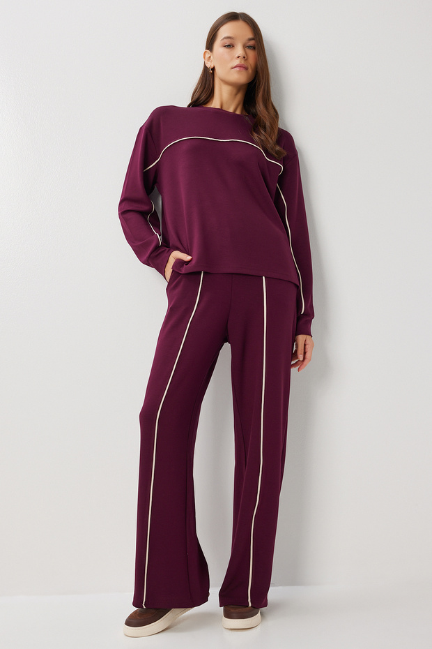 Contrast Stripe Detailed Knitted Top and Bottom Set Lzv0034 Mürdüm