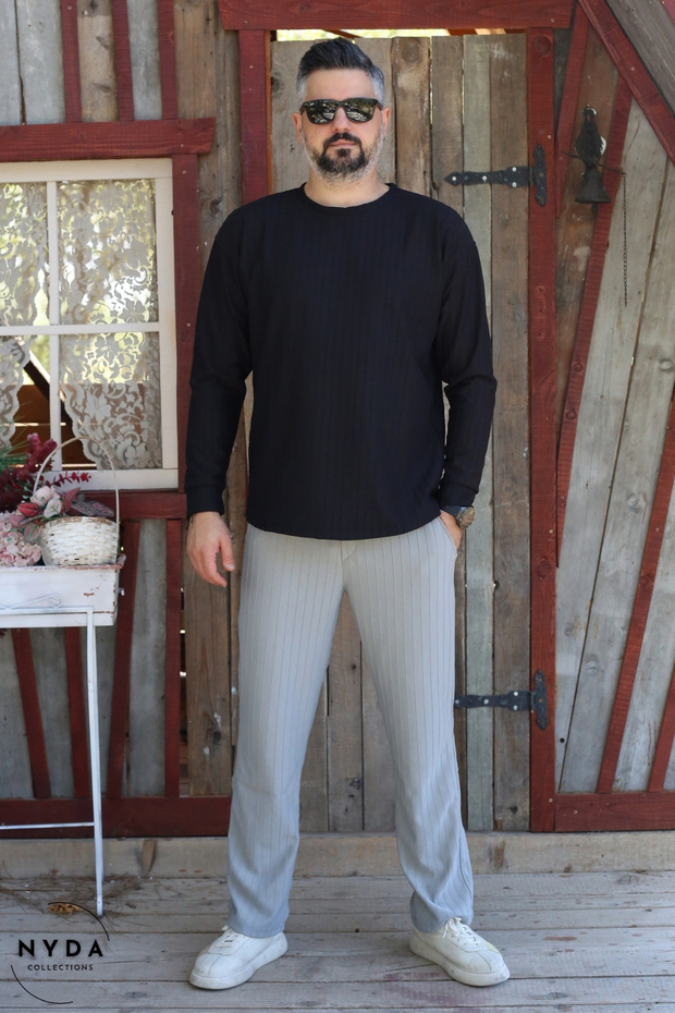 Men's Corduroy Striped Regular Long Sleeve Sweatshirt with Pockets Elastic Waist Lace-Up Pants Set