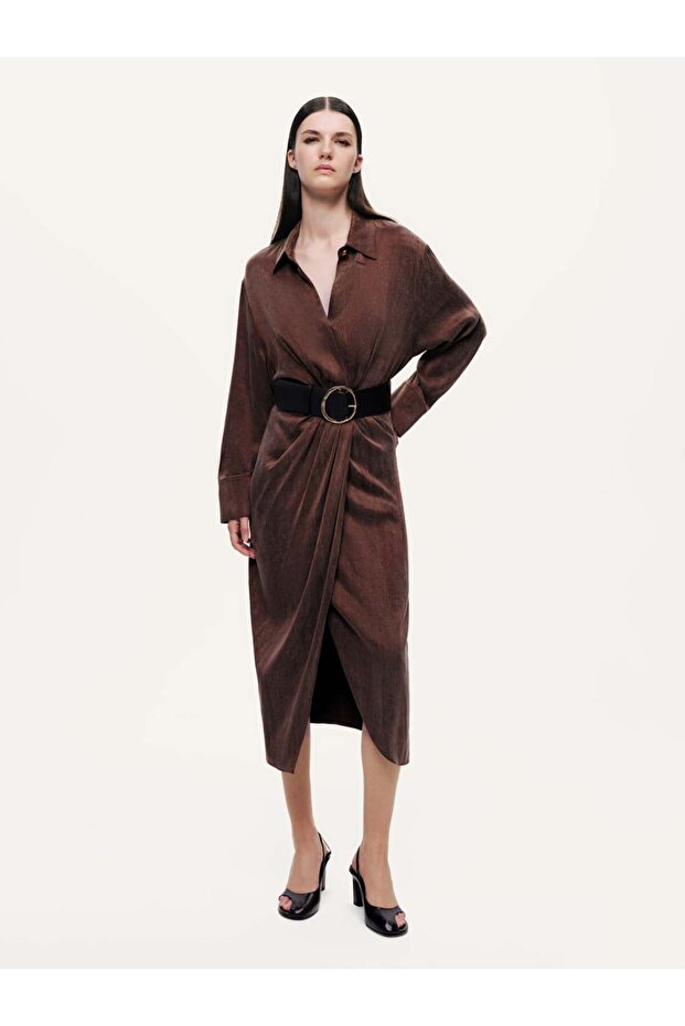 Drape Detaylı Kemerli Maxi Elbise - 3