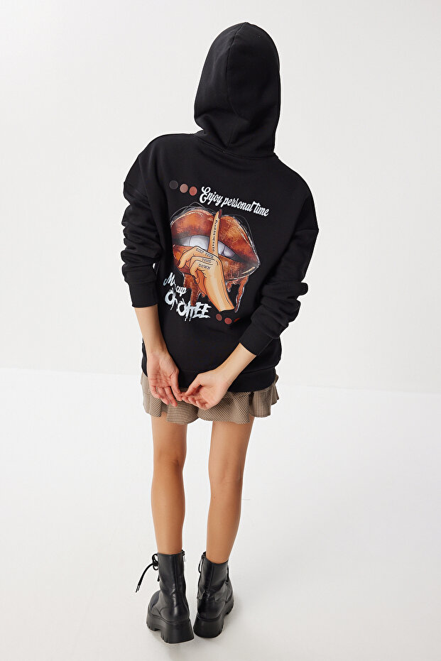 Hooded Printed Oversize Ribbed Knitted Sweatshirt Lfw0011 Black