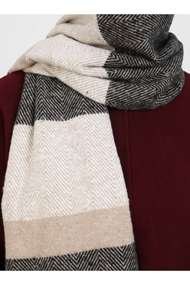 Patterned Shoulder Shawl - Black - Beige - - 4