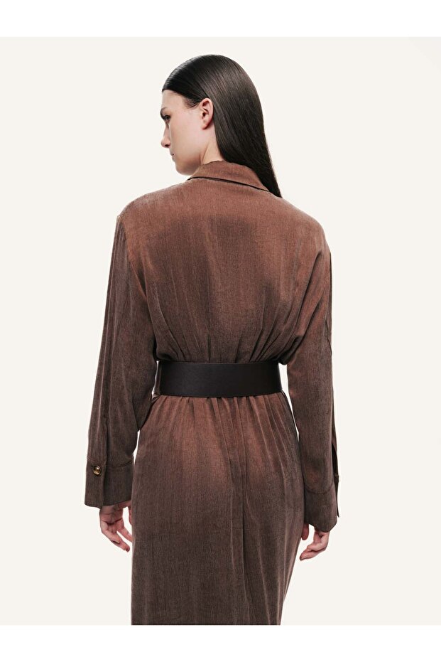 Drape Detaylı Kemerli Maxi Elbise - 4