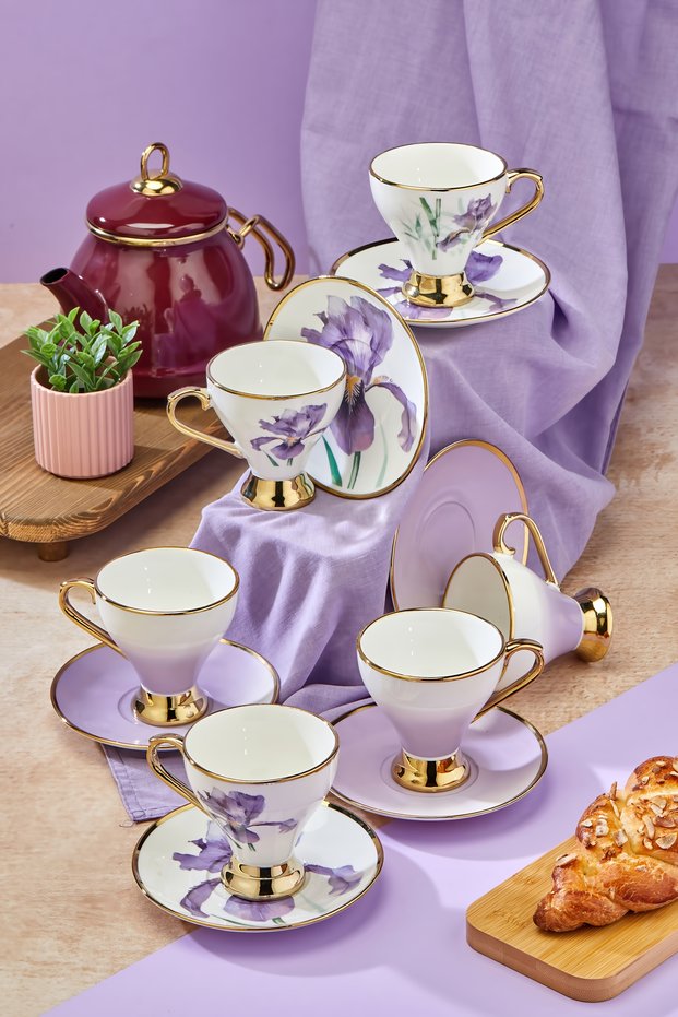 Floral Gilt 6 Person 180 ml Porcelain Tea and Coffee Cup Set Ckr3520 Purple