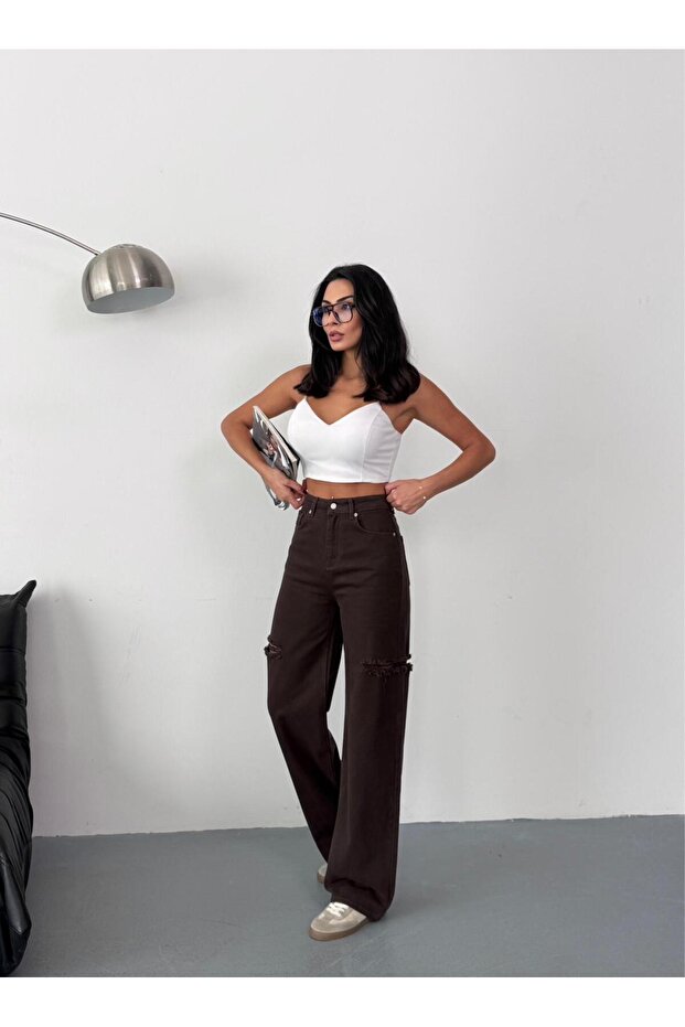 KADIN KAHVERENGİ BAGGY JEAN YÜKSEK BEL KOT PANTOLON DENİM KUMAŞ YANLARDAN LAZERLİ - 5