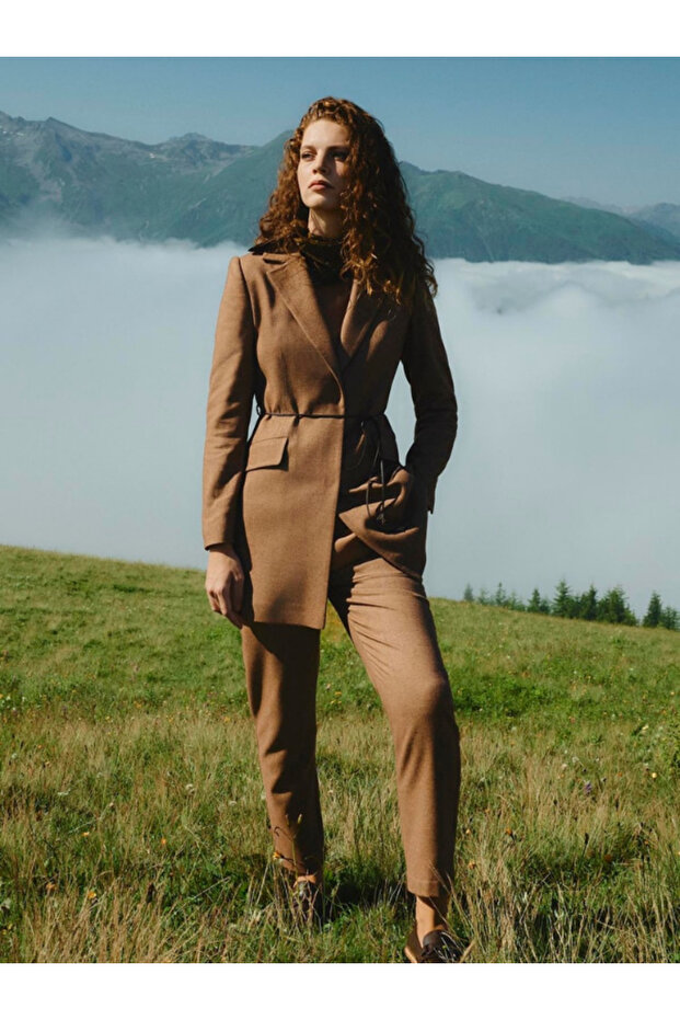 Women's Double Breasted Collar Leather Rope Detailed Tan Combination Suit Tk-1694