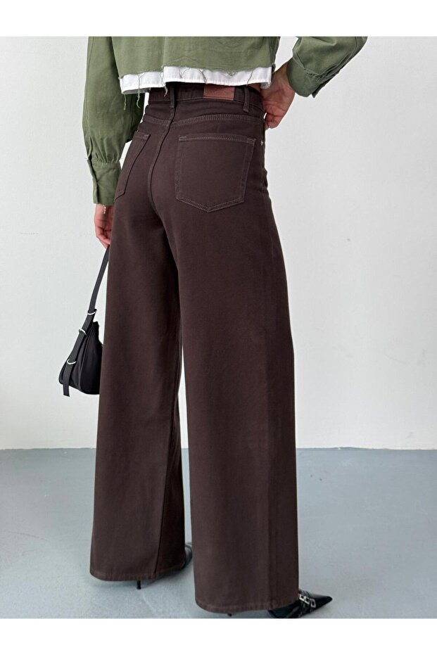 KADIN KAHVERENGİ BAGGY JEAN YÜKSEK BEL GENİŞ PAÇA KOT PANTOLON - 8