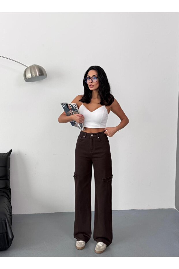 KADIN KAHVERENGİ BAGGY JEAN YÜKSEK BEL KOT PANTOLON DENİM KUMAŞ YANLARDAN LAZERLİ - 3