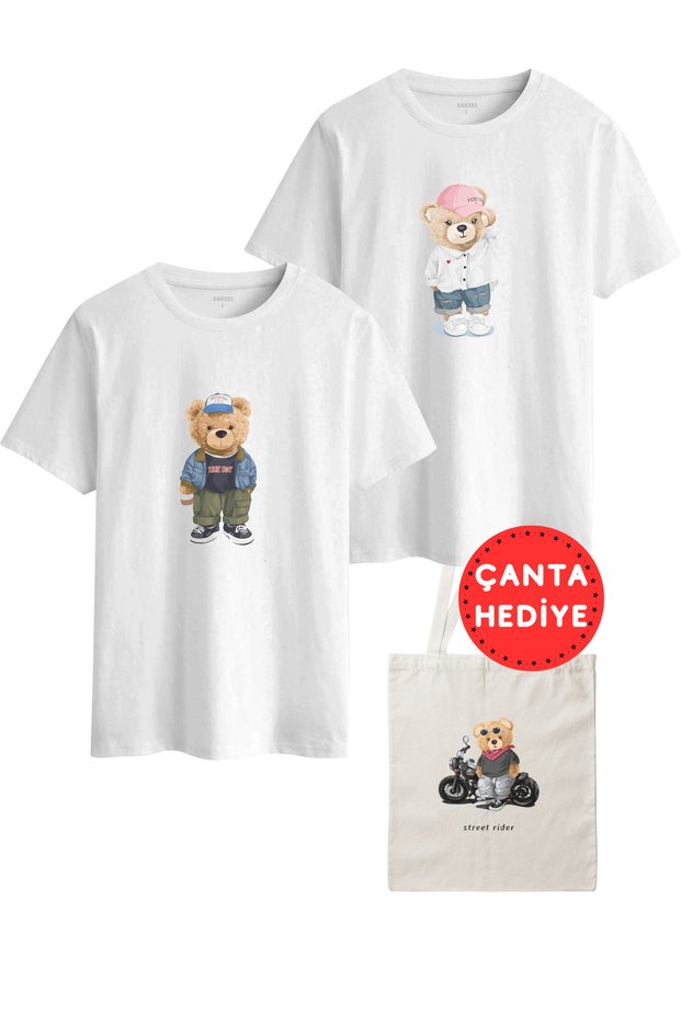 Daksel Unisex Bear Printed Oversize T-Shirt Set of 2 + Bag Gift