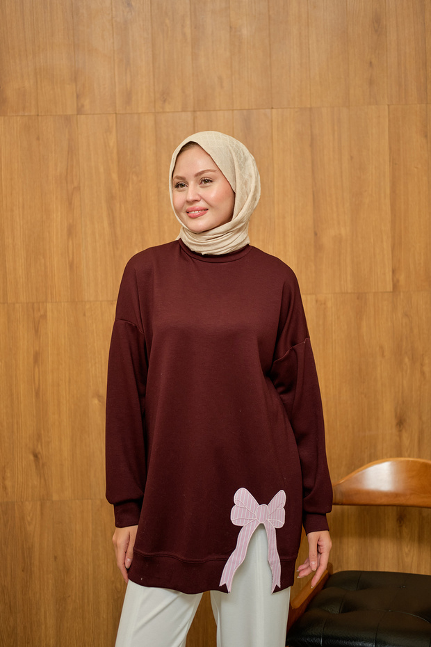 Women's Bow Embroidered Tunic Burgundy