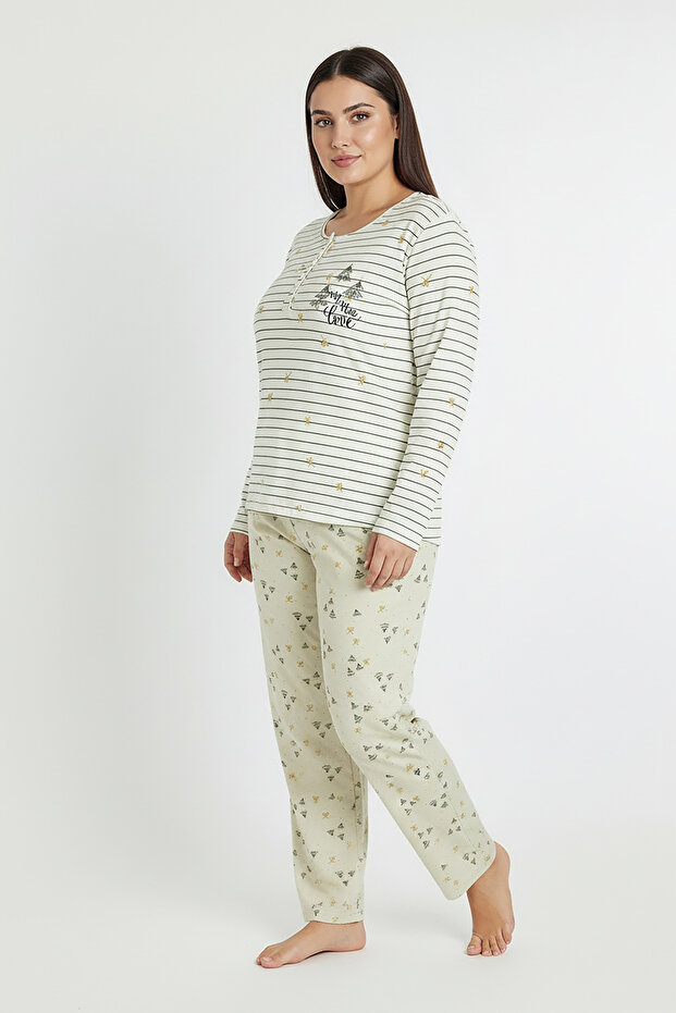 Elite Viscose Long Plus Size Pajama Set with Horizontal Stripes on Top and Six Patterns on the Bottom White 3590 - 2