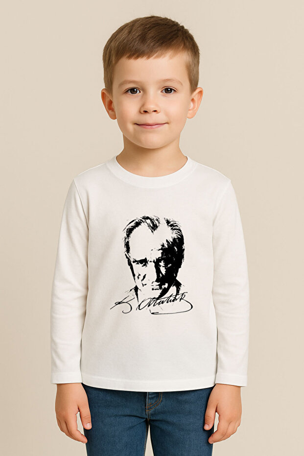 Mustafa Kemal Ataturk Printed White Crew Neck Combed Cotton Fabric Kids T-Shirt Blouse