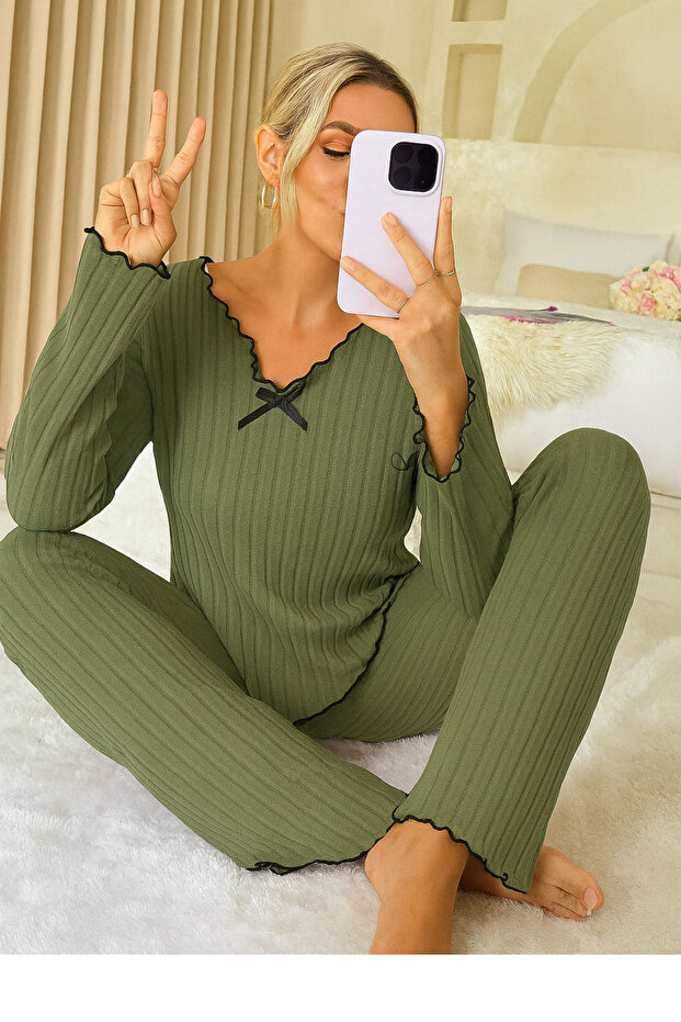 Long Sleeve Bow Detail Cotton Women's Pajama Set